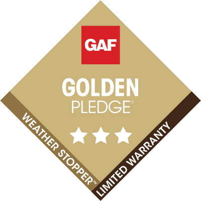 GAF Golden Pledge Weather Stopper A diamond-shaped badge with a red square labeled GAF at the top, Golden Pledge and three white stars in the center, and Weather Stopper Limited Warranty along the bottom brown edge.