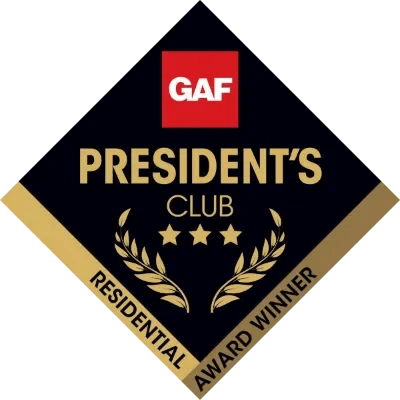 GAF Presidents Club Residential Award Winner Diamond-shaped emblem with a red GAF logo at the top, gold text reading PRESIDENTS CLUB, three stars, laurel branches, and the words RESIDENTIAL AWARD WINNER at the bottom on a black background.