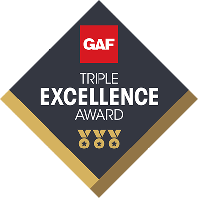 GAF Triple Excellence Award GAF Triple Excellence Award logo with three gold medals, white text on a dark diamond background, and a red GAF logo at the top.